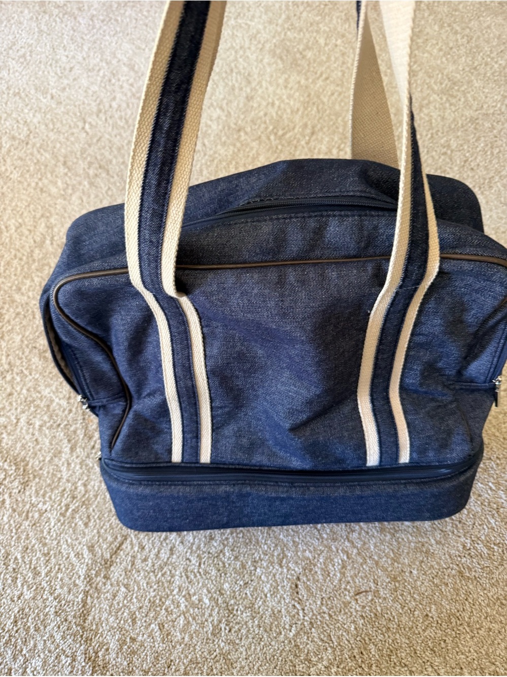 Large Canvas Dual-Compartment Tote Bag with Contrast Straps and zippered bottom
